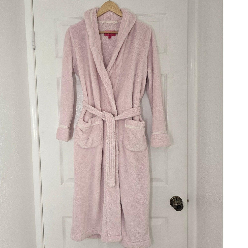 Victorias Secret Pink Fleece Robe Shawl Collar Lace Trim XS Long Plush Lounge